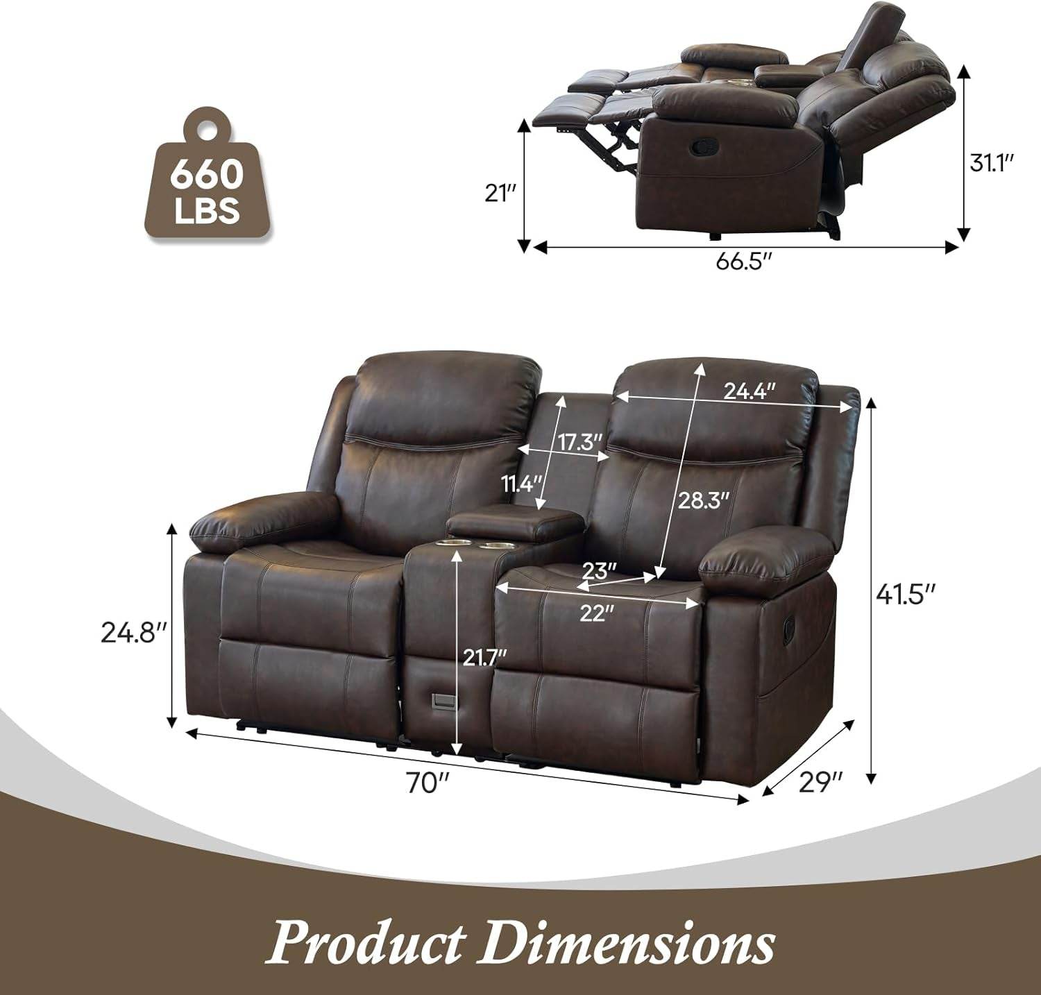 Loveseat Recliner, Reclining Loveseat with Console inBrown - Loft&Timber