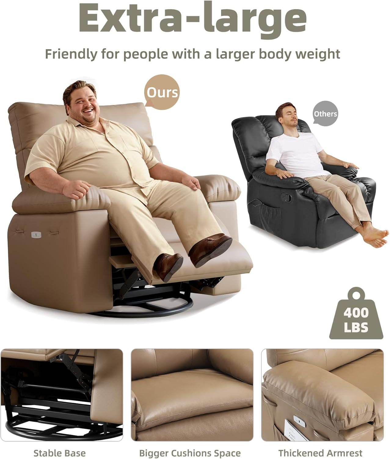 Power Swivel Massage Recliner Heat, Vibration, Faux Leather - Loft&Timber