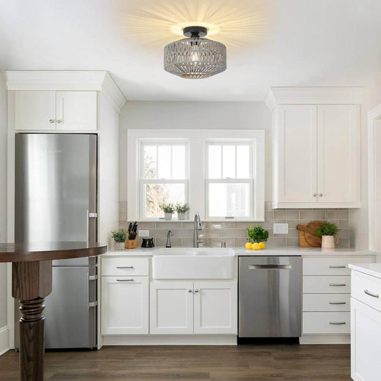 Boho Light Fixtures Ceiling Mount,Rattan Ceiling Light Fixture with Dimmable LED Bulb,Mini Hand Woven Chandelier Light Fixtures Ceilingfor Hallway Bedroom Kitchen Entryway Living Room(Grey) - Loft&Timber