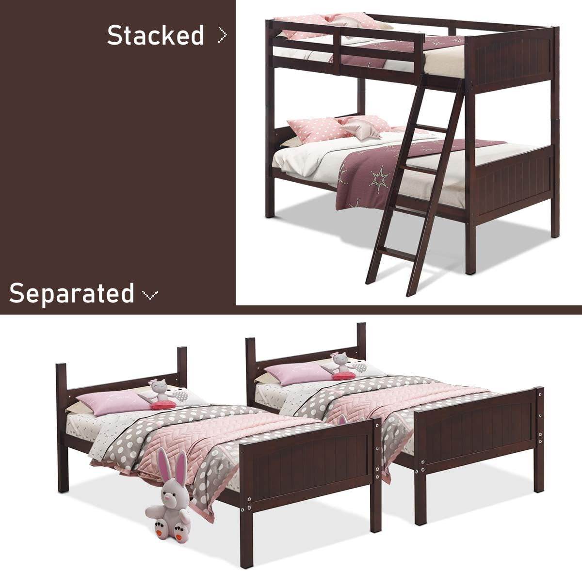 Wood Twin over Twin Bunk Beds Convertible 2 Individual Twin Beds for Kids Children, Solid Rubberwood Bunk Bed with Ladder and Safety Rail (Espresso) - Loft&Timber