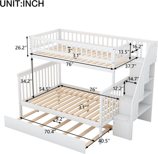 Twin over Full Bunk Beds with Twin Size Trundle & Stairway, Solid Wood Bunk Bed Twin over Full Size with Storage and Guard Rail for Bedroom, Dorm, Kids, Teens,Adults,White-1