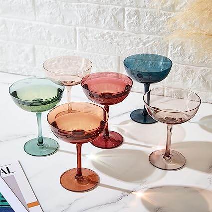 Cocktail & Champagne Coupe Glasses Coupe Cocktail Glasses 7 oz | Set of 6 | Pastel Colored Crystal Cocktail Glassware for Champagne, Martini, Manhattan Goblet Cocktails, Glassware - Luxury Gift Box - Loft&Timber