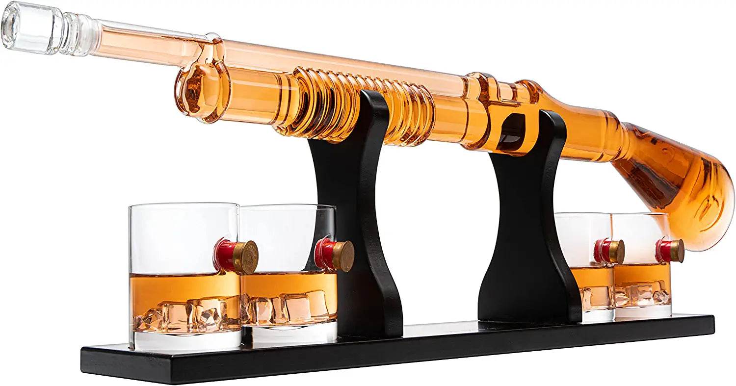 Shotgun Whiskey Decanter Set - Limited Edition - 800 ml & 4 12oz Bullet Glasses - Unique Gift - Drinking Party Accessory, Handmade Gun Liquor Decanter, Tik Tok Gun Decanter Gifts for Dad - Loft&Timber