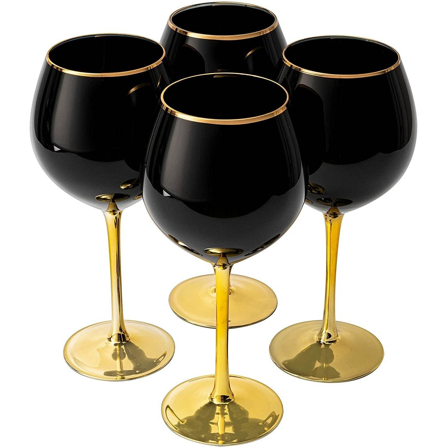 The Wine Savant Set of 4 Black Wine Glasses Gold Stemmed 14 oz Gold Rim Wine Glasses, Black Colored Wine Glasses Luxury Wine Glassware Wine Tasting, Wedding Gift, Anniversary, Birthday - Loft&Timber
