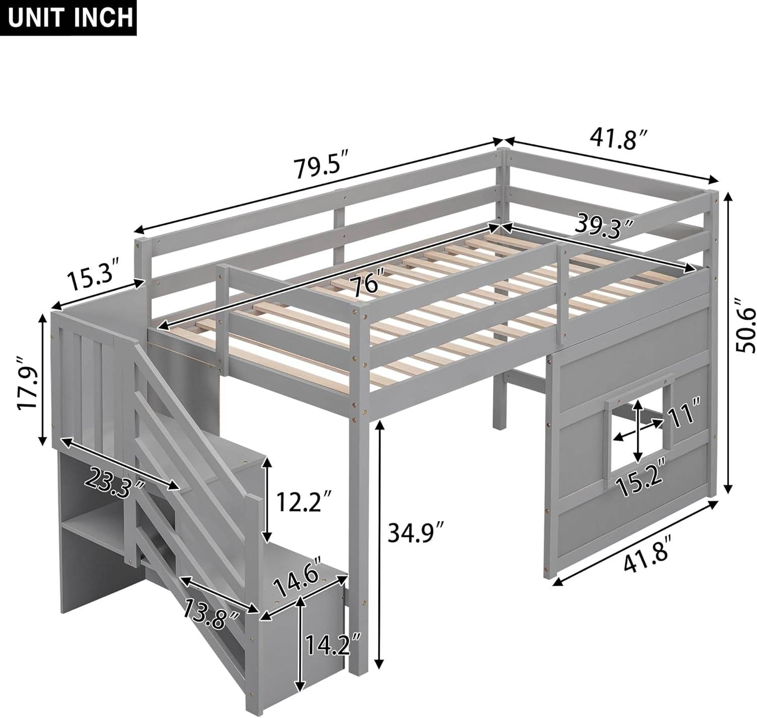 Twin Size Low Loft Bed with Stairs, Kids Loft Bed with Storage,Solid Wood Twin Loft Bed Frame for Kids, Space Saving Low Loft Bed for Boys, Girls, Gray - Loft&Timber