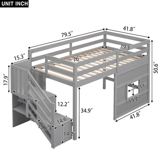 Twin Size Low Loft Bed with Stairs, Kids Loft Bed with Storage,Solid Wood Twin Loft Bed Frame for Kids, Space Saving Low Loft Bed for Boys, Girls, Gray - Loft&Timber