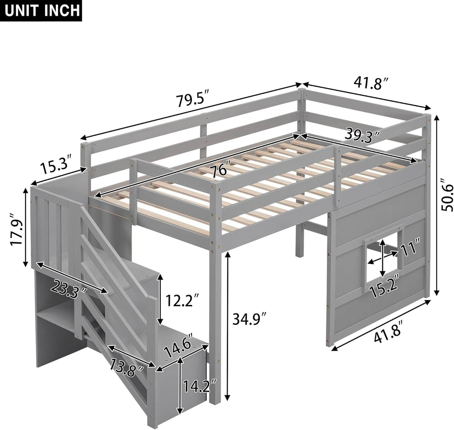Twin Size Low Loft Bed with Stairs, Kids Loft Bed with Storage,Solid Wood Twin Loft Bed Frame for Kids, Space Saving Low Loft Bed for Boys, Girls, Gray - Loft&Timber