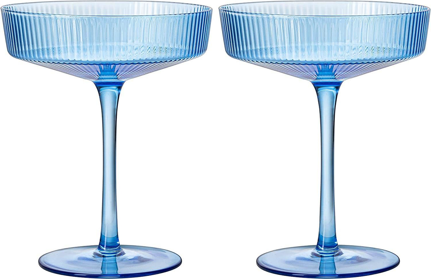Ribbed Coupe Cocktail Glasses 8 oz | Set of 2 | Classic Manhattan Glasses For Cocktails, Champagne Coupe, Ripple Coupe Glasses, Art Deco Gatsby Vintage, Crystal with Stems (Blue, Set of 2) - Loft&Timber