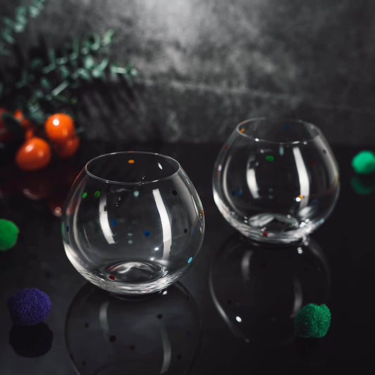 Polka Dot Set of 2 Stemless Bubble Wine Glasses 18 oz by The Wine Savant - Polka Dot Rainbow Glasses, Colored Wine Glasses, Bubble Glasses, Unique Tumblers Gift Idea For Everyday, Weddings, Parties - Loft&Timber