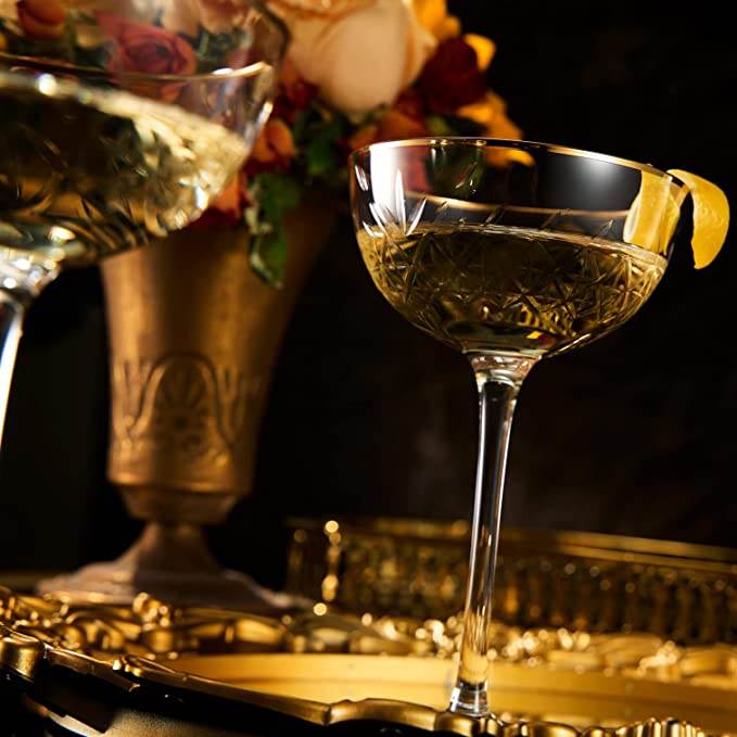 Vintage Art Deco Luxury Coupe Glasses, Cocktails, Martini, Margarita, In Premium Gift Box 24K Gold Rim | Set of 2 | 8 oz Classic Cocktail Glassware - Champagne, Manhattan, Cosmopolitan Crystal Goble - Loft&Timber