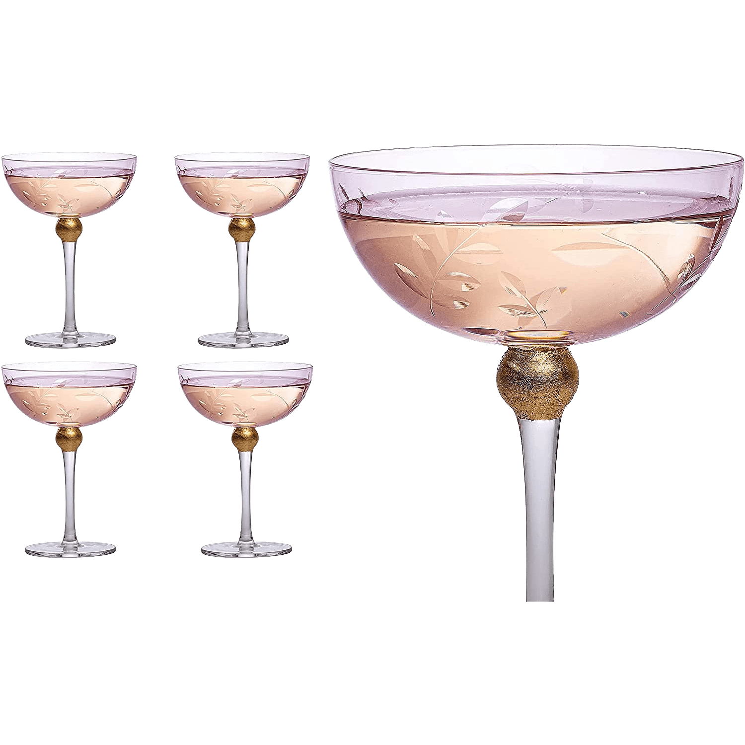 Colored Coupe Art Deco Glasses, Gold | Set of 4 | 8 oz Classic Cocktail Glassware for Champagne, Martini, Manhattan, Sidecar, Crystal Speakeasy Style Goblets Stems (Pink) - Loft&Timber