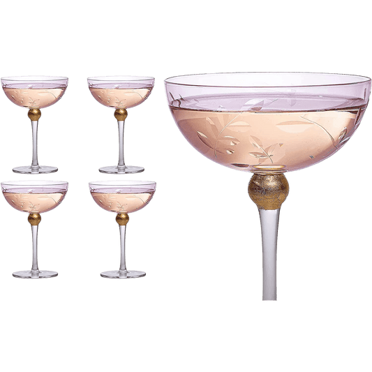 Colored Coupe Art Deco Glasses, Gold | Set of 4 | 8 oz Classic Cocktail Glassware for Champagne, Martini, Manhattan, Sidecar, Crystal Speakeasy Style Goblets Stems (Pink) - Loft&Timber