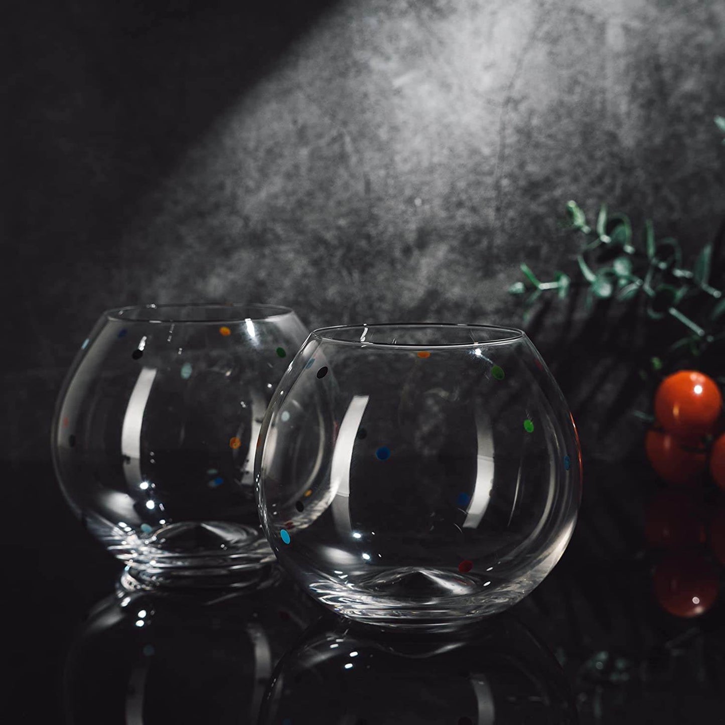 Polka Dot Set of 2 Stemless Bubble Wine Glasses 18 oz by The Wine Savant - Polka Dot Rainbow Glasses, Colored Wine Glasses, Bubble Glasses, Unique Tumblers Gift Idea For Everyday, Weddings, Parties - Loft&Timber