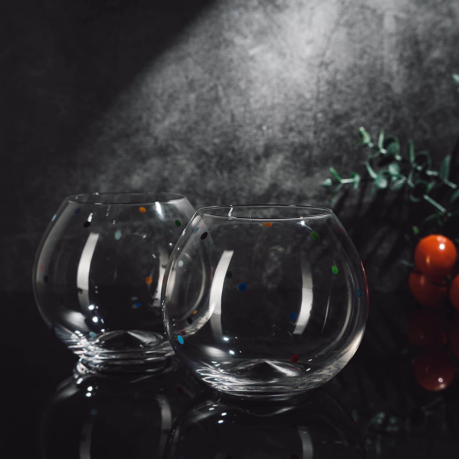 Polka Dot Set of 2 Stemless Bubble Wine Glasses 18 oz by The Wine Savant - Polka Dot Rainbow Glasses, Colored Wine Glasses, Bubble Glasses, Unique Tumblers Gift Idea For Everyday, Weddings, Parties - Loft&Timber