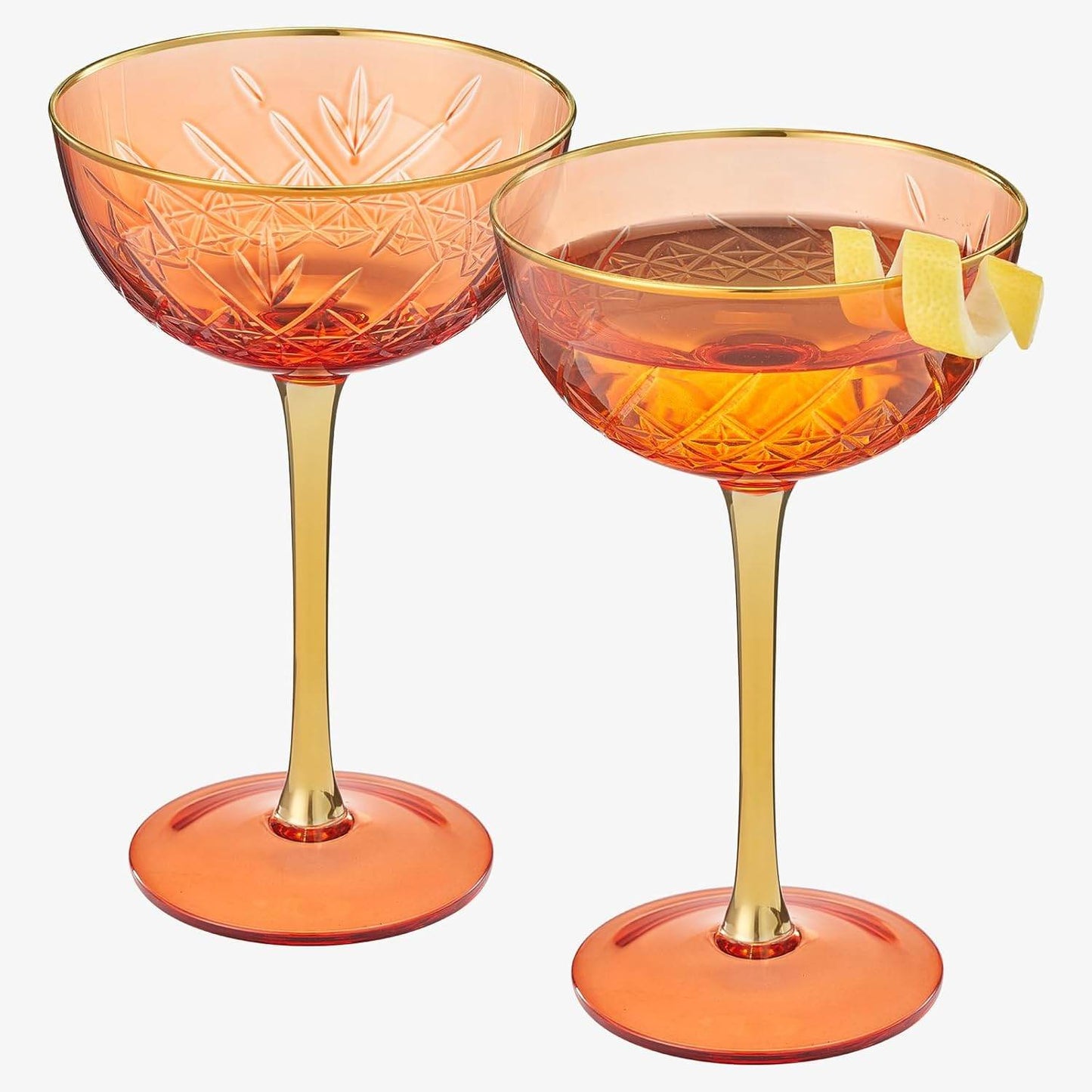 Vintage Art Deco Coupe for Champagne, Martini, Cocktails | Set of 2 | 7 oz Classic Cocktail Glassware - Manhattan, Cosmopolitan, Sidecar, Crystal Speakeasy Style Saucer Goblets with Stems (Orange Red) - Loft&Timber