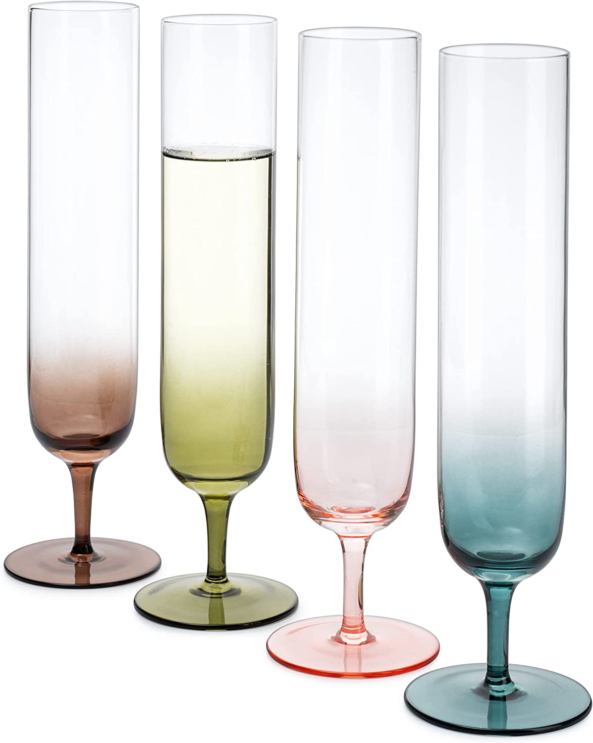 Multicolored Beautiful Champagne Flutes 10" Stemmed - 4 Set- Blue, Green, Brown, Pink - 10.5 OZ Elegant Glass Colored Glasses, Mimosa , Cocktail Bar Glassware Ideal for Home, Weddings - Gift - Loft&Timber