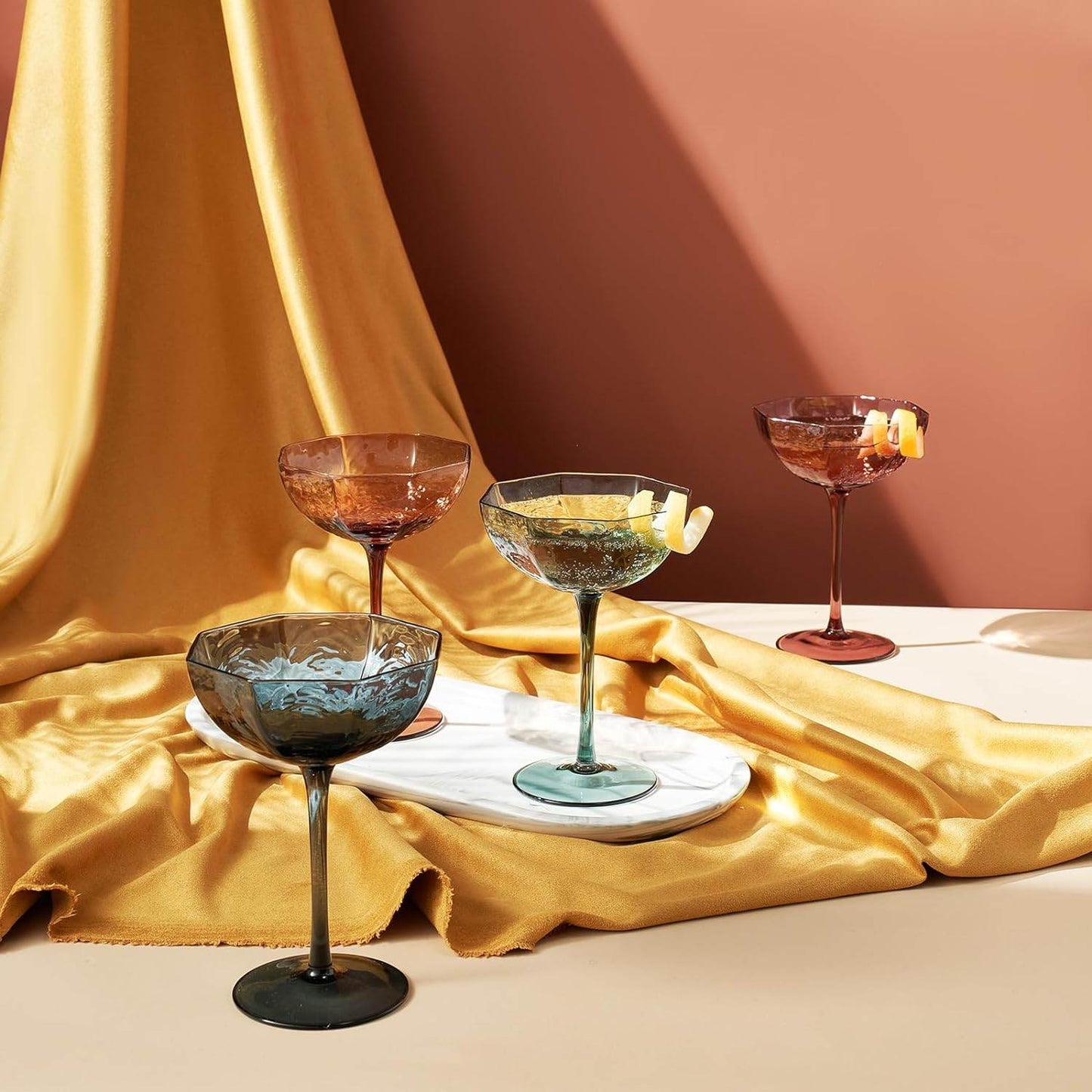 Khen Cocktail, Martini & Champagne Luxury Angled Coupe Glasses 6 oz | Set of 4 | Muted Colored - Loft&Timber