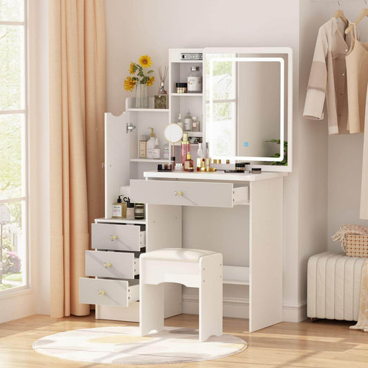 White Makeup Vanity Desk with Lighted Mirror and Drawers - Loft&Timber
