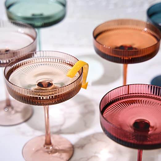 Vintage Art Deco Coupe Glasses Ribbed Coupe Cocktail Glasses 7 oz | Set of 6 | Pastel Colored Crystal Cocktail Glassware for Champagne, Martini, Manhattan Goblet Cocktails, Ripple Glassware - Gift Box - Loft&Timber