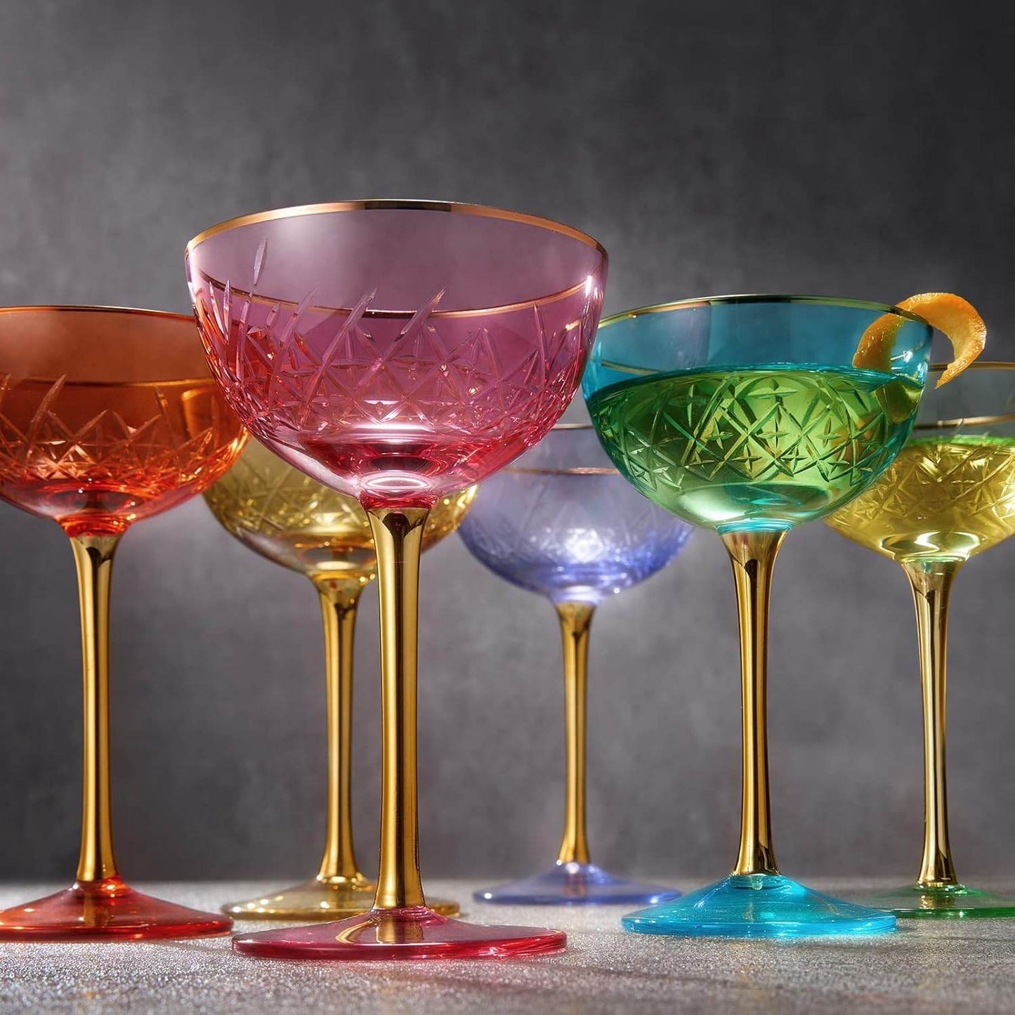 Vintage Art Deco Coupe for Champagne, Martini, Cocktails | Set of 2 | 7 oz Classic Cocktail Glassware - Manhattan, Cosmopolitan, Sidecar, Crystal Speakeasy Style Saucer Goblets with Stems (Orange Red) - Loft&Timber