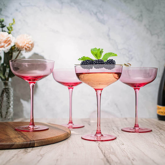 The Wine Savant Colored Coupe Glass | 7oz | Set of 4 Colorful Champagne & Cocktail Glasses, Fancy Manhattan, Crystal Martini, Cocktails Set, Margarita Bar Glassware Gift, Vintage (Blush Pink) - Loft&Timber