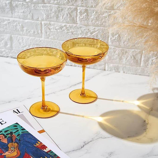Colored Sunset Yellow & Gilded Rim Coupe Glass, 9oz Cocktail & Champagne Glasses 2-Set Vibrant Color Gold Vintage Tumblers, Margarita, Glassware Gift Idea Gifts for Mom, Him, Wife, Housewarming Coupes - Loft&Timber