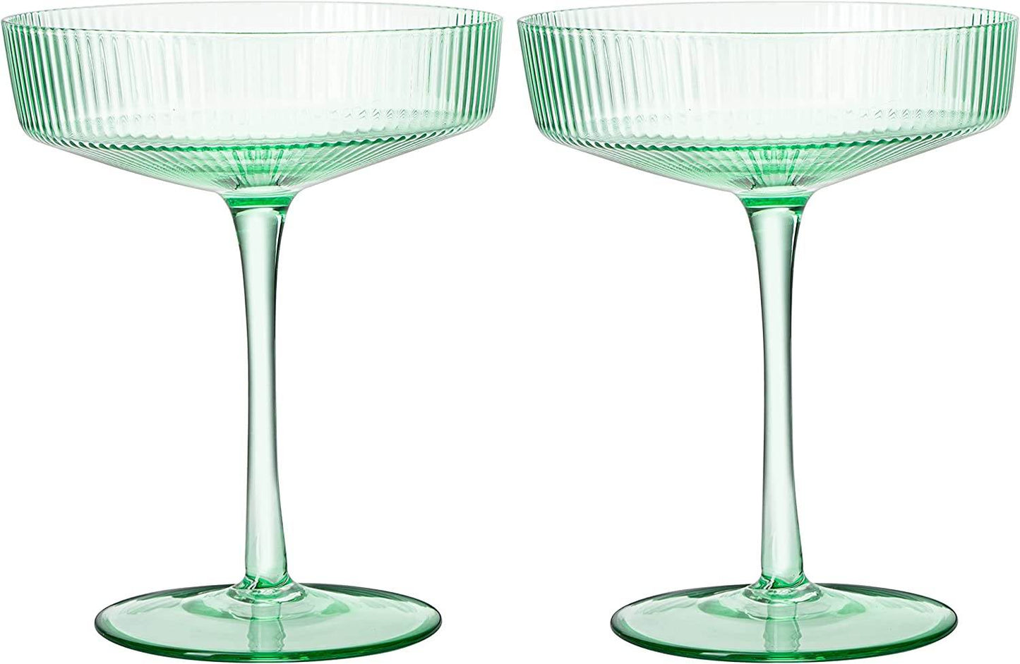 Ribbed Coupe Cocktail Glasses 8 oz | Set of 2 | Classic Manhattan Glasses For Cocktails, Champagne Coupe, Ripple Coupe Glasses, Art Deco Gatsby Vintage, Crystal with Stems (Green, Set of 2) - Loft&Timber