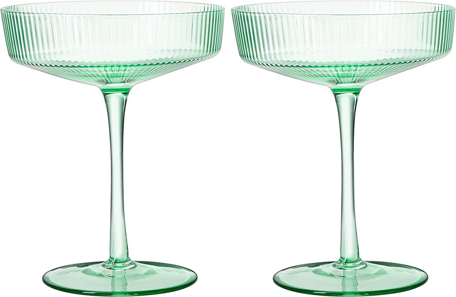 Ribbed Coupe Cocktail Glasses 8 oz | Set of 2 | Classic Manhattan Glasses For Cocktails, Champagne Coupe, Ripple Coupe Glasses, Art Deco Gatsby Vintage, Crystal with Stems (Green, Set of 2) - Loft&Timber