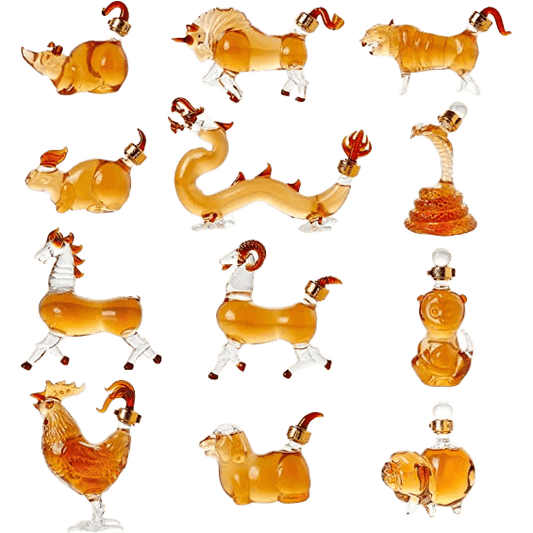 12 Chinese Zodiac Wine & Whiskey Decanter Set | Set of 12 Miniature Hand Blown Decanters | New Year Table Decoration, Constellation Glassware, Personalized Animal Red Wine Carafe Gift 150 ML - Loft&Timber