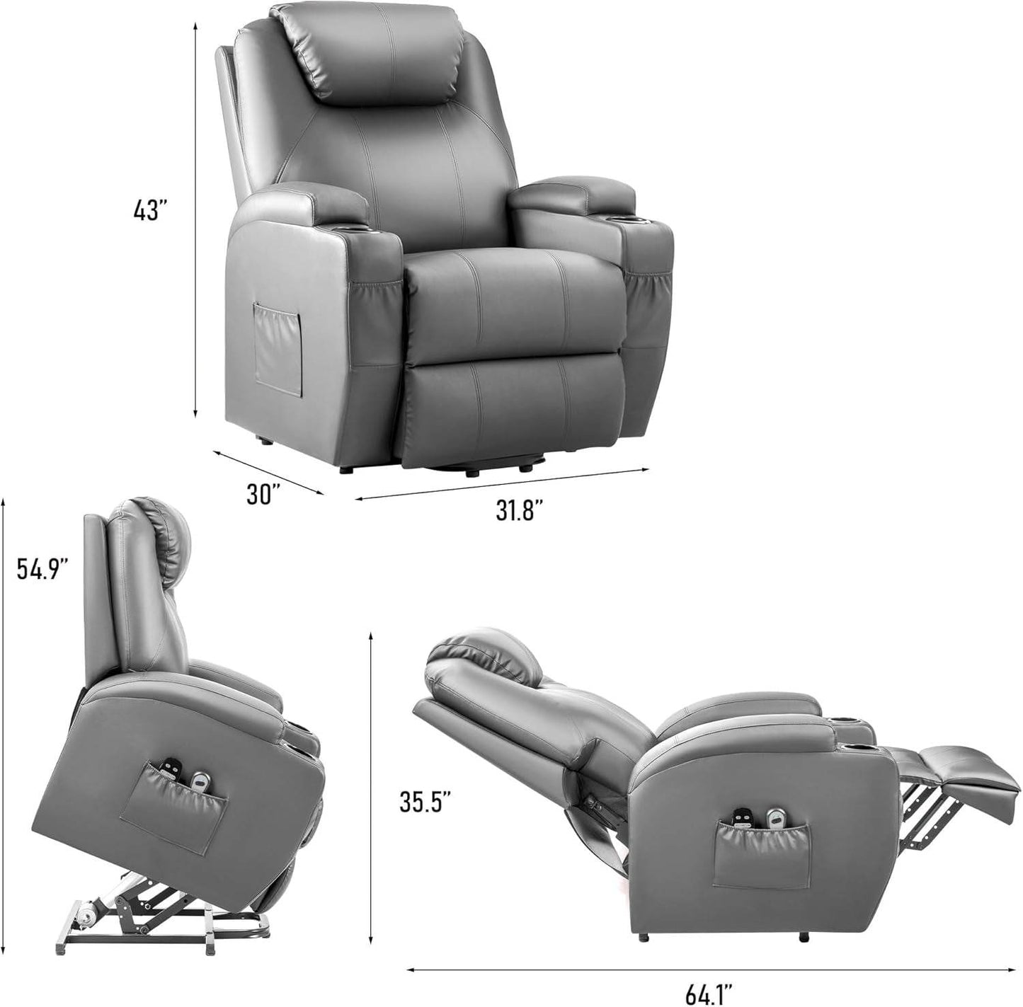 Gray Power Lift Recliner Massage Elderly Cup Holders - Loft&Timber