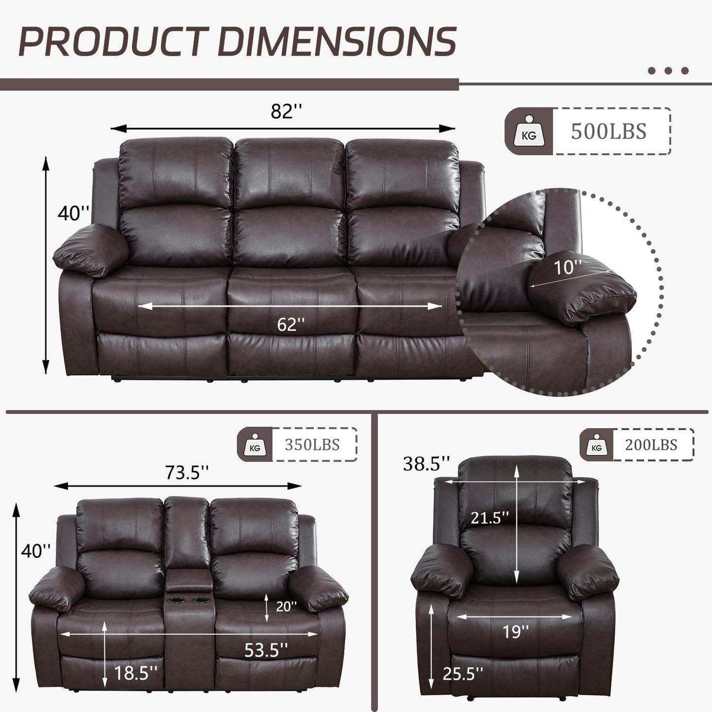 Manual Recliner Sofa Set (3 Pieces, Brown) - Loft&Timber