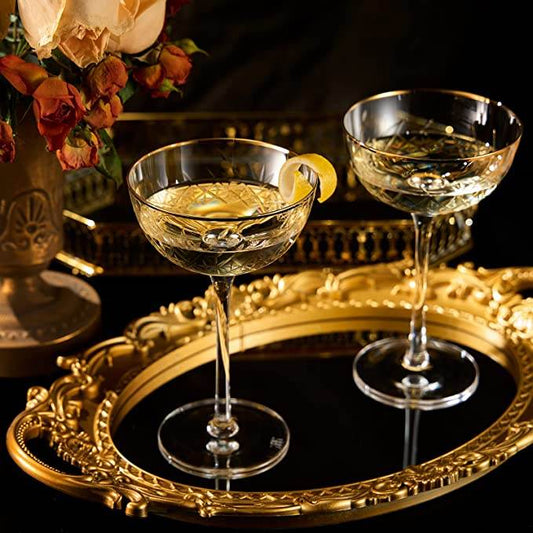 Vintage Art Deco Luxury Coupe Glasses, Cocktails, Martini, Margarita, In Premium Gift Box 24K Gold Rim | Set of 2 | 8 oz Classic Cocktail Glassware - Champagne, Manhattan, Cosmopolitan Crystal Goble - Loft&Timber