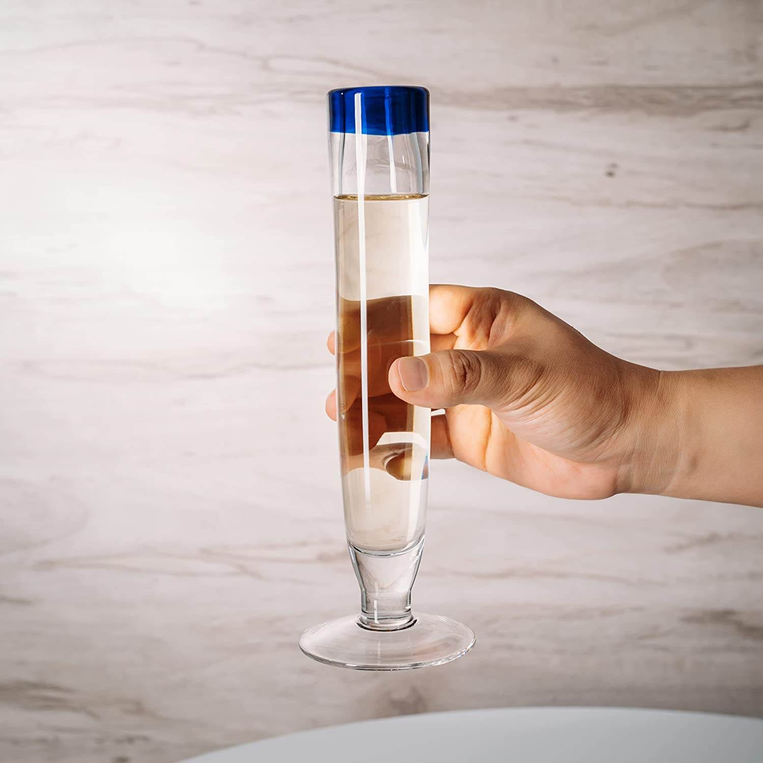 Tall Recycled Champagne Flutes - Set of 4 - Mexican Hand Blown Cobalt Blue Rim Flute – Luxury Mexican Thick Glassware 7oz, Juice & Cocktail Drinking Glass Holiday Celebration, Weddings, Anniversary - Loft&Timber