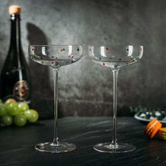 Polka Dot Champagne Coupe Glasses Set of 2 8.8 oz by The Wine Savant - Polka Dot Rainbow Colored Glasses, Cocktail Glassware, Polka Dot Gifts Damien Hirst, Gift Idea For Everyday, Weddings, Parties - Loft&Timber
