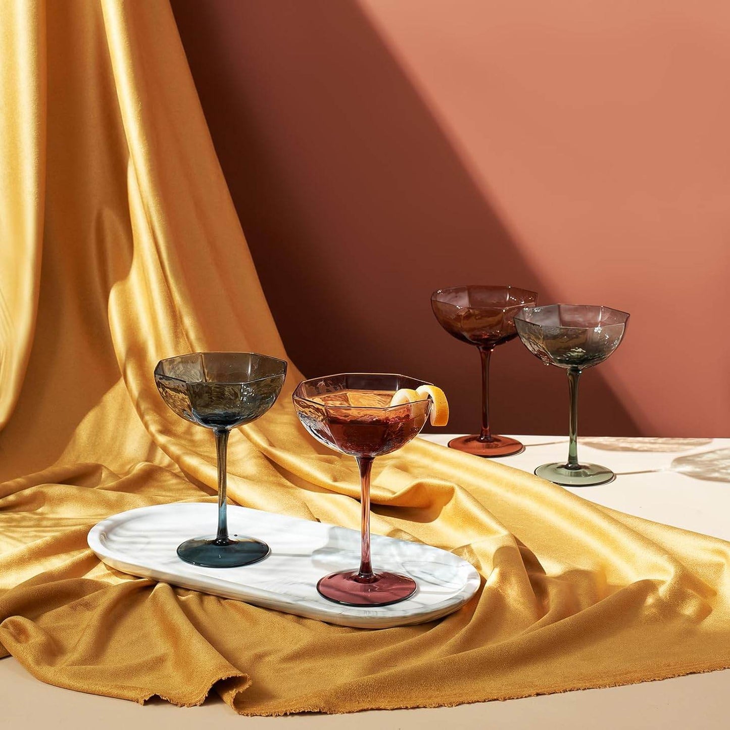 Khen Cocktail, Martini & Champagne Luxury Angled Coupe Glasses 6 oz | Set of 4 | Muted Colored - Loft&Timber