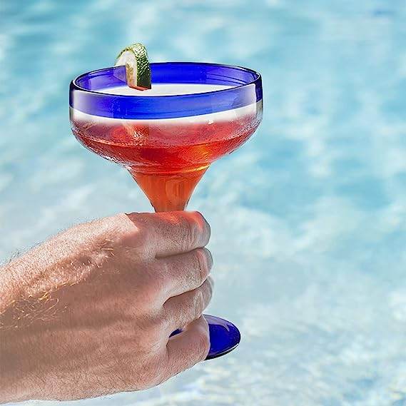 Mexican Hand Blown Glass – Set of 4 Large 16oz, Cobalt Blue Rim Line, Luxury Margarita & Cocktail Glasses, Mexico Design Large 16oz Cobalt Cinco de Mayo - The Wine Savant, Dishwasher Safe Glassware - Loft&Timber