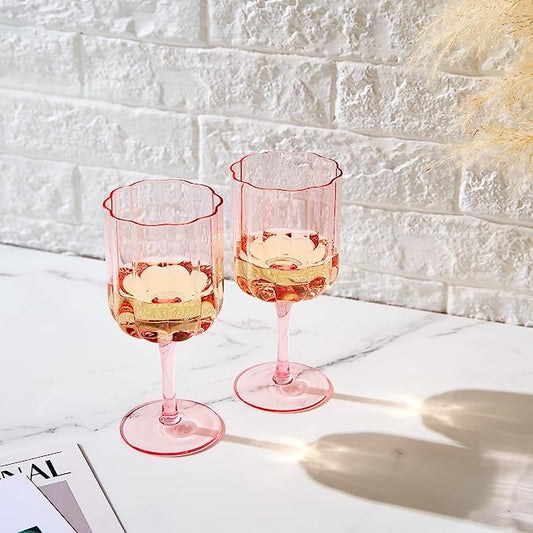 Flower Vintage Wine Glassware - Set of 2-13 oz Colorful Cocktail, Martini & Champagne Glasses, Prosecco, Mimosa Glasses Set, Cocktail Glass Set, Bar Glassware Luster Glasses 7" X 3" (Pink) - Loft&Timber
