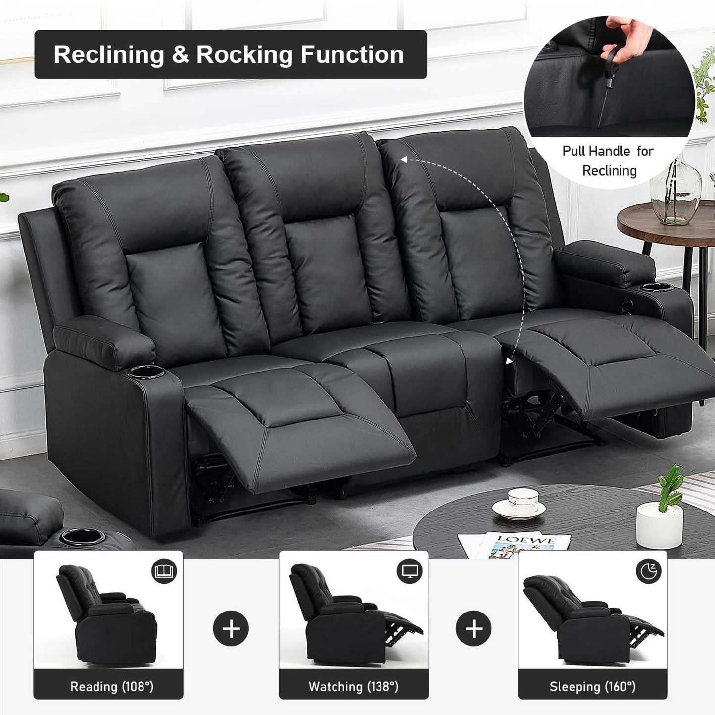 Recline Chair Set (Black,Living Room Set3+2) - Loft&Timber