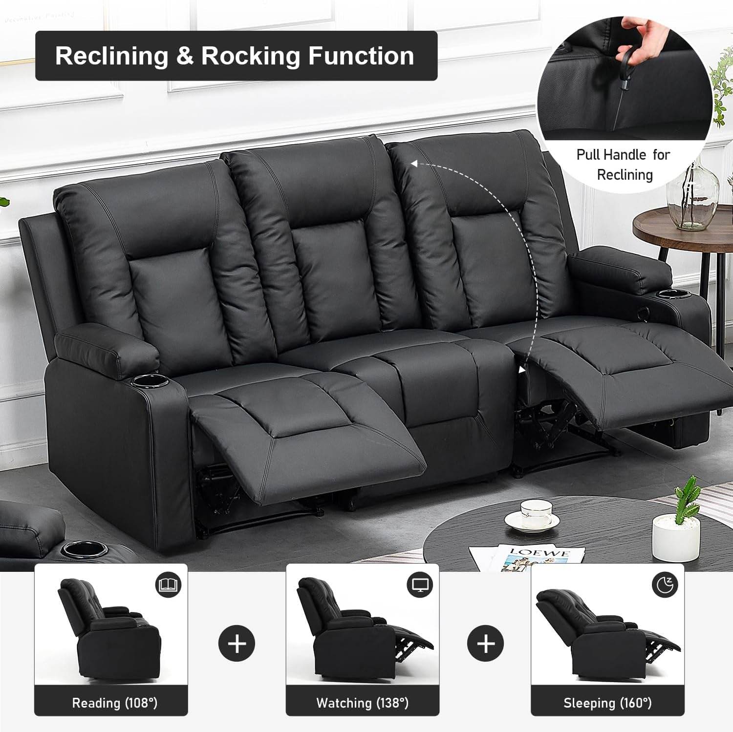 Recline Chair Set (Black,Living Room Set3+2) - Loft&Timber
