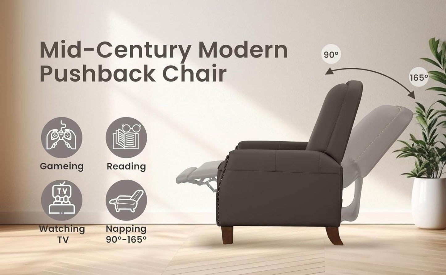 Recliner Chair, Mid-Century Modern Pushback in Saddle Brown - Loft&Timber