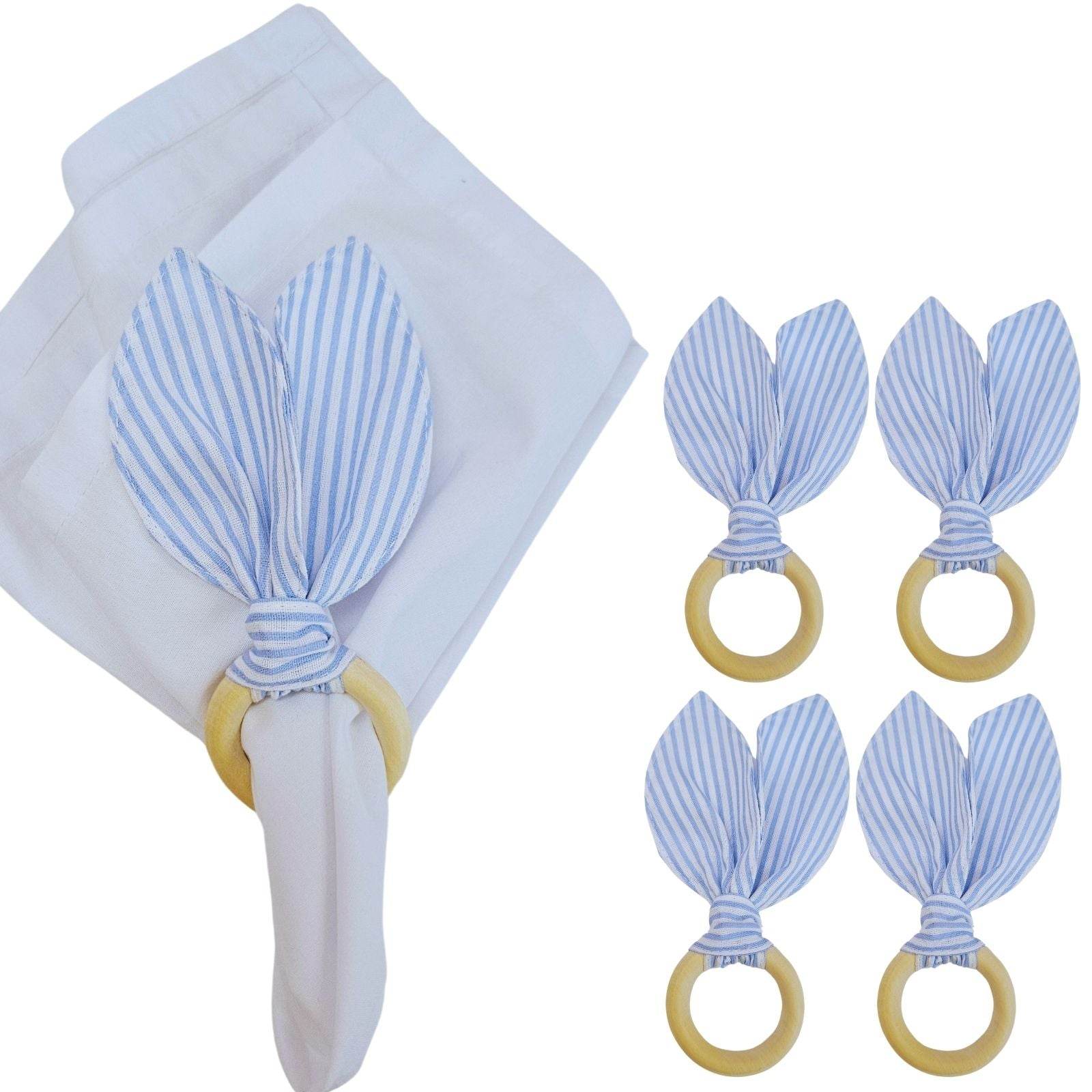 Maison Charlo | Easter Set of 4 Blue Striped Bunny Ears Napkin Rings | Dining Table Decor - Loft&Timber