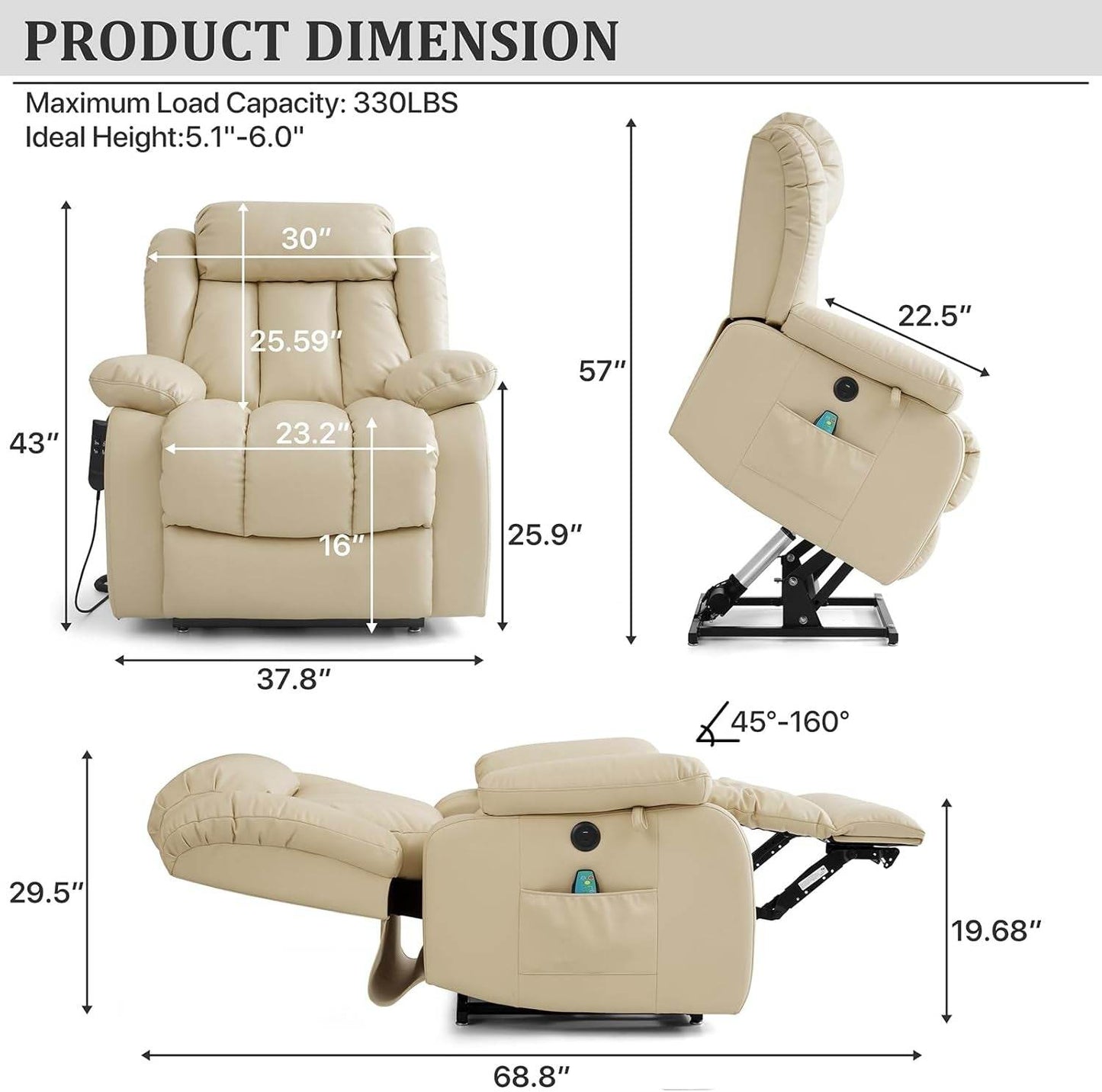Dual Motor Large Power Lift Recliner Chair Recliners for Elderly, Infinite Position Recliner Chair with Heat and Massage, Breathable Leather(Beige) - Loft&Timber
