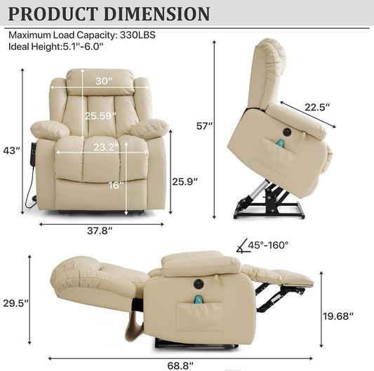 Dual Motor Large Power Lift Recliner Chair Recliners for Elderly, Infinite Position Recliner Chair with Heat and Massage, Breathable Leather(Beige) - Loft&Timber
