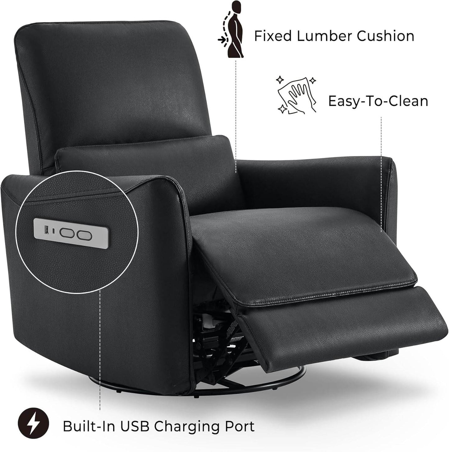 Power Recliner Chair Swivel Glider, FSC Certified Upholstered Faux Leather, Black - Loft&Timber