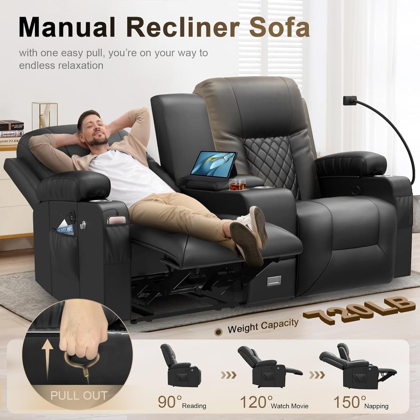 Living Room Furniture Set, Loveseat Recliner and 2PC Massage Recliner Chair, Luxury Reclining Sofa 3PC Set for Living Room (2+1+1)-3