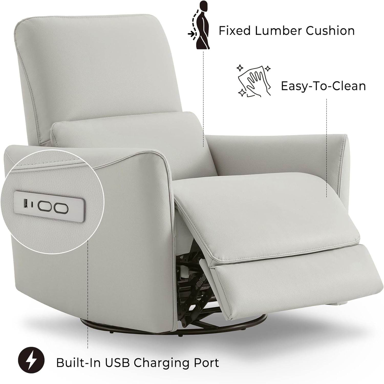 Power Recliner Chair Swivel Glider, FSC Certified Upholstered Faux Leather, Cream - Loft&Timber
