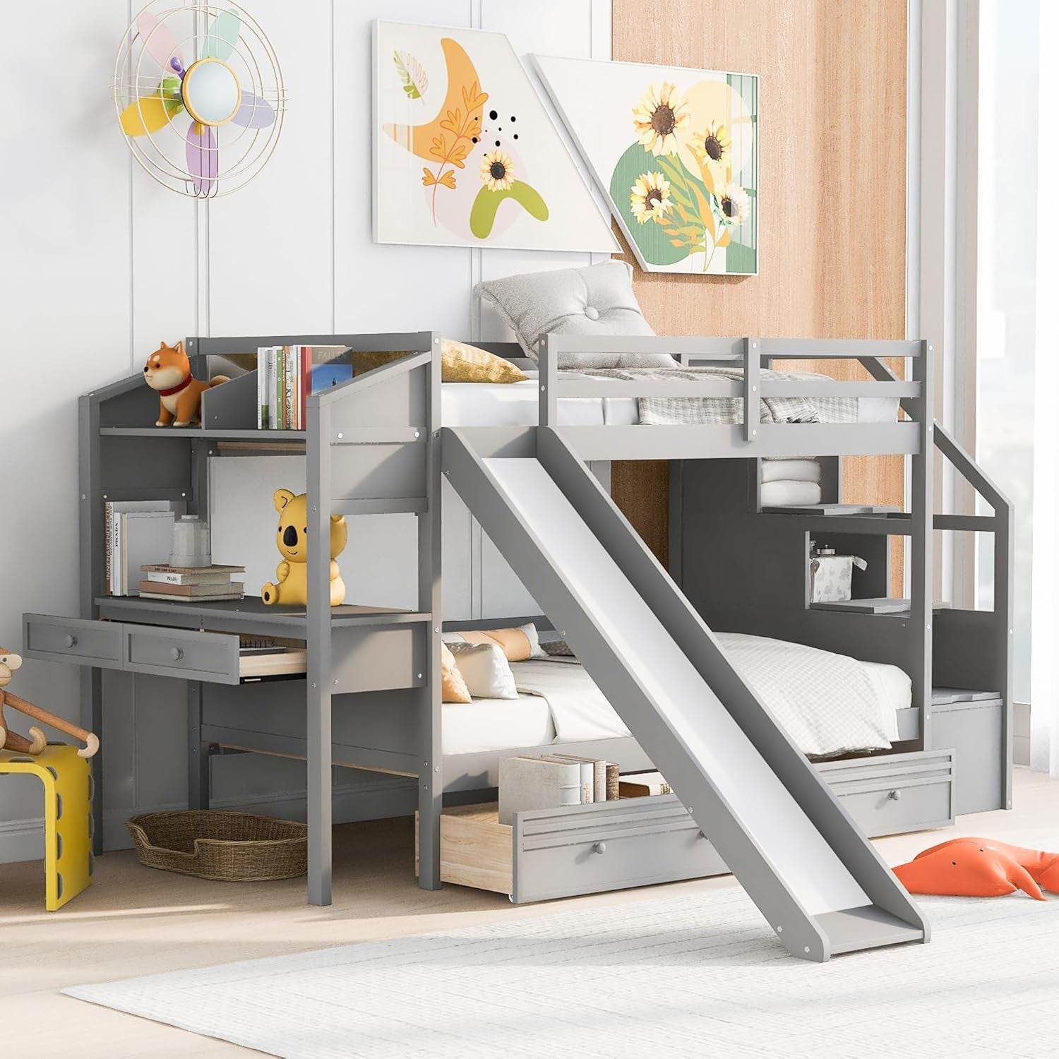 Twin over Twin Bunk Bed with 4 Drawers and Storage Staircase, Wood Bed Frame with Desk and Shelves, Twin Beds with Slide and Full-Length Guardrails for Kid'S Room or Dormitory, Gray - Loft&Timber