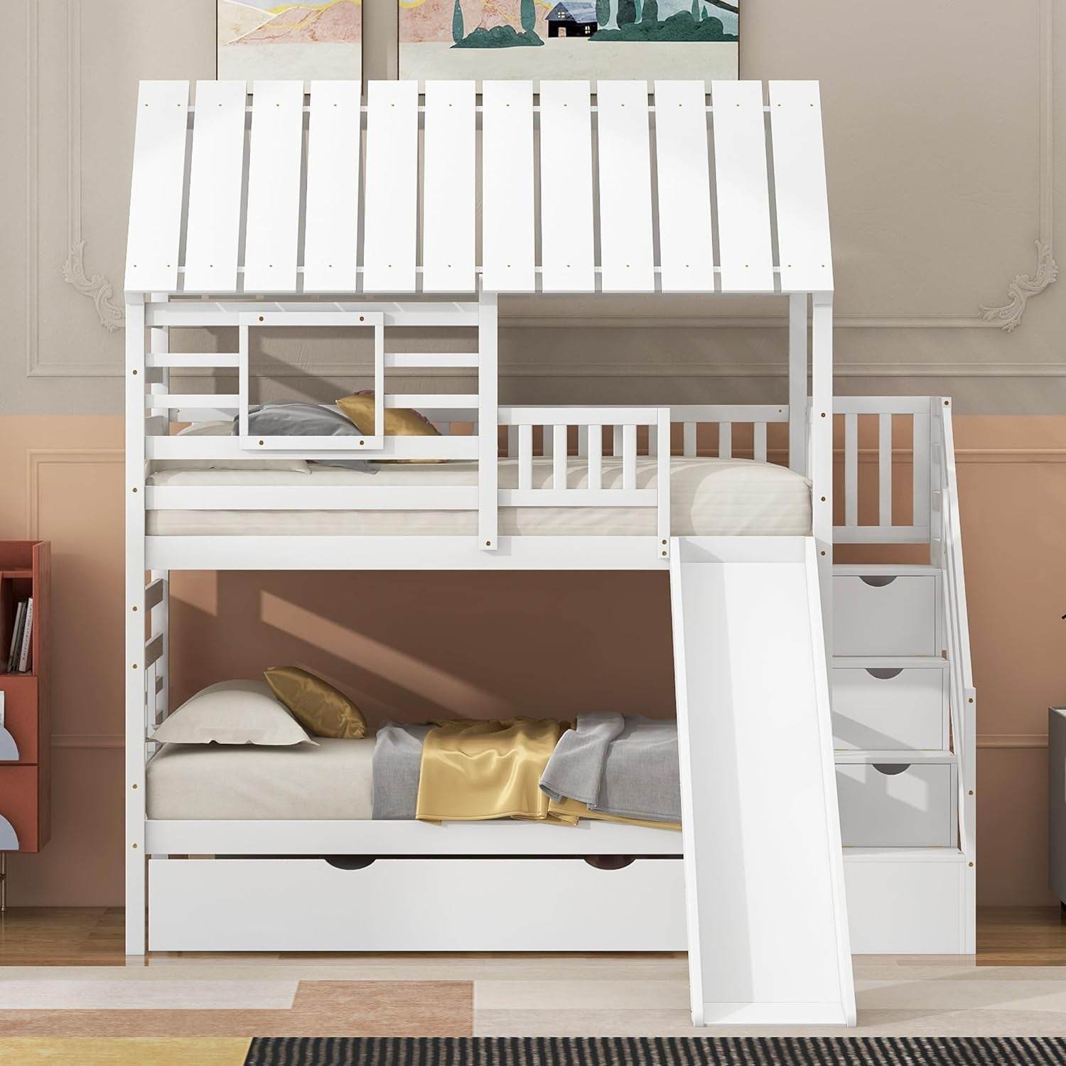 Kids Twin Bunk Bed with Slide, Trundle & Storage - Loft&Timber