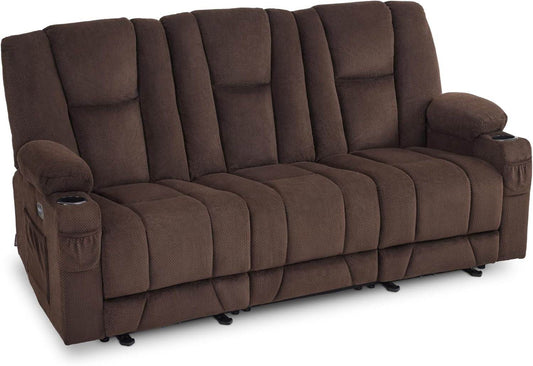Power Reclining Sofa with Heat and Vibration,3-Seat (Brown) - Loft&Timber