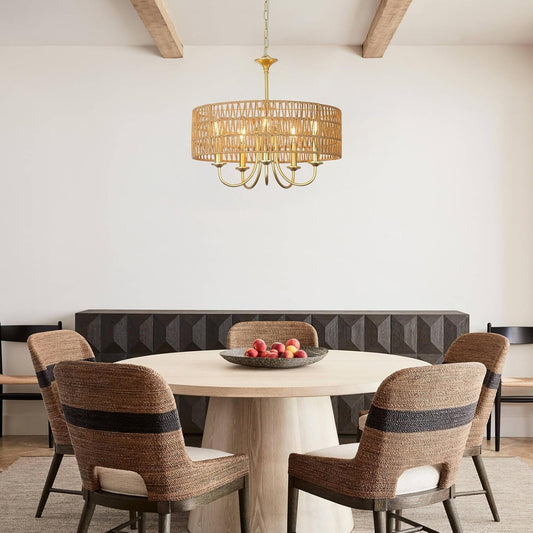 Gold Chandelier Light Fixtures, 5-Light Large Boho Rattan Pendant Lighting with Hand Woven Wicker Shade, Modern Farmhouse Chandeliers for Dining Room Living Room Kitchen Island Bedroom-1